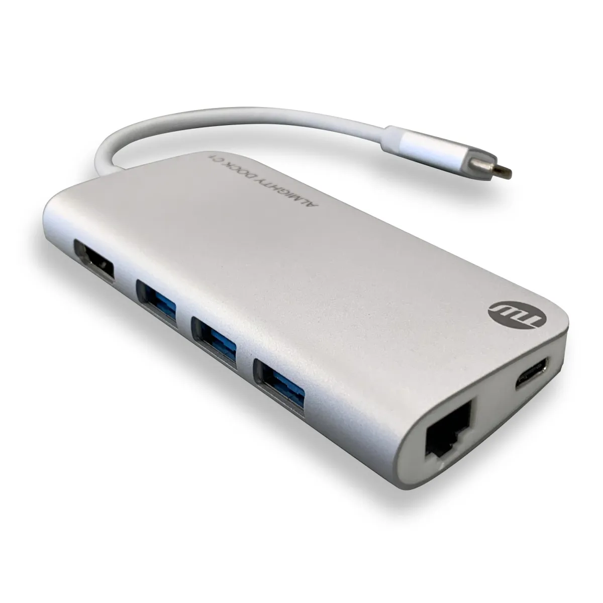 Silver ALMIGHTY DOCK C1 with captive USB-C cable and several visible accessory sockets on a white background