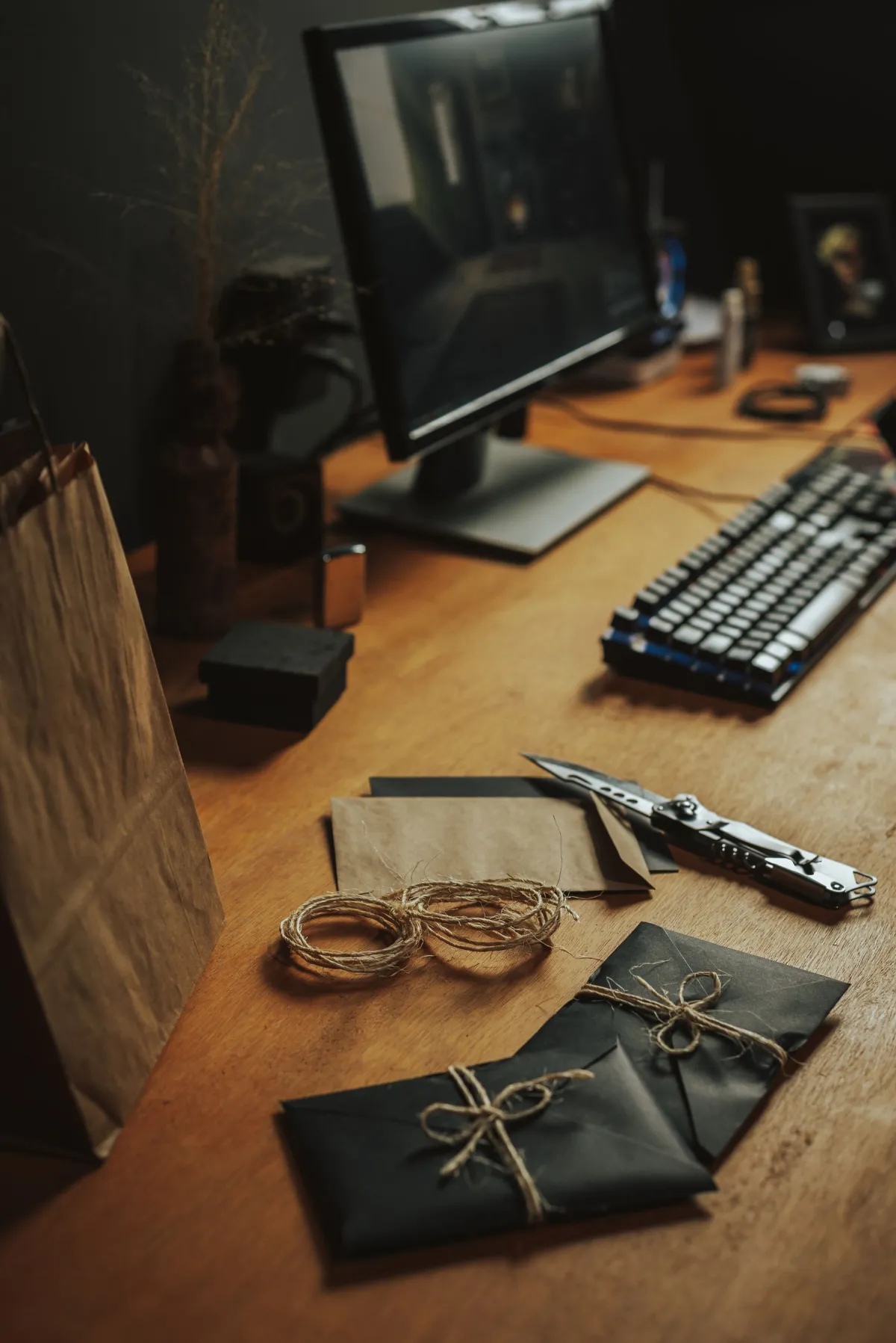 Closed black envelopes tied with twine beside a keyboard, monitor and stationery on a wooden desk.