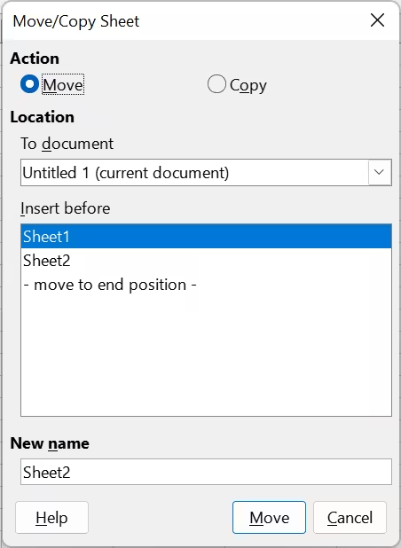 Calc Move/Copy Sheet dialog with Move selected, Copy available, the current-document destination, insertion list and New name field.