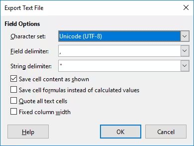 LibreOffice Calc Export Text File dialog showing Unicode UTF-8, comma field delimiter, double-quote string delimiter, and an unchecked Save cell formulas instead of calculated values option.