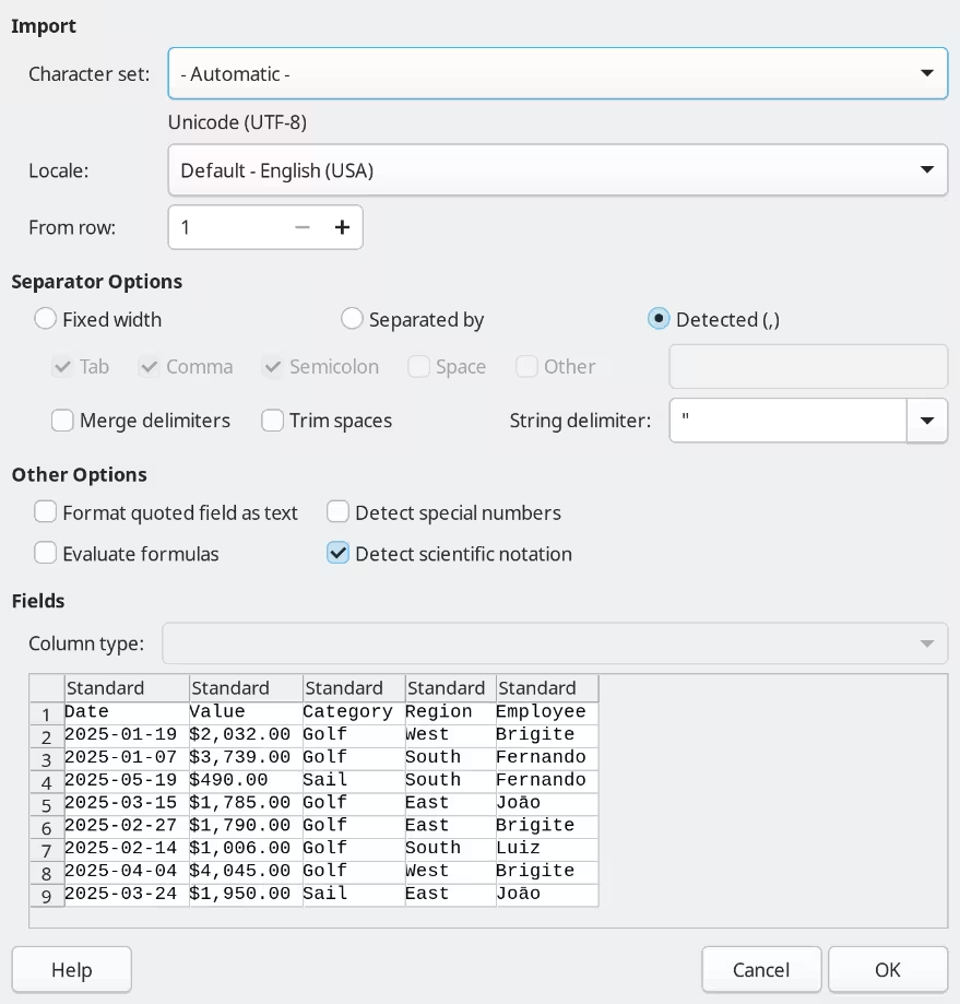 Official Calc Text Import reference with character set, locale, separator options, formula evaluation, column type and sales-data preview.