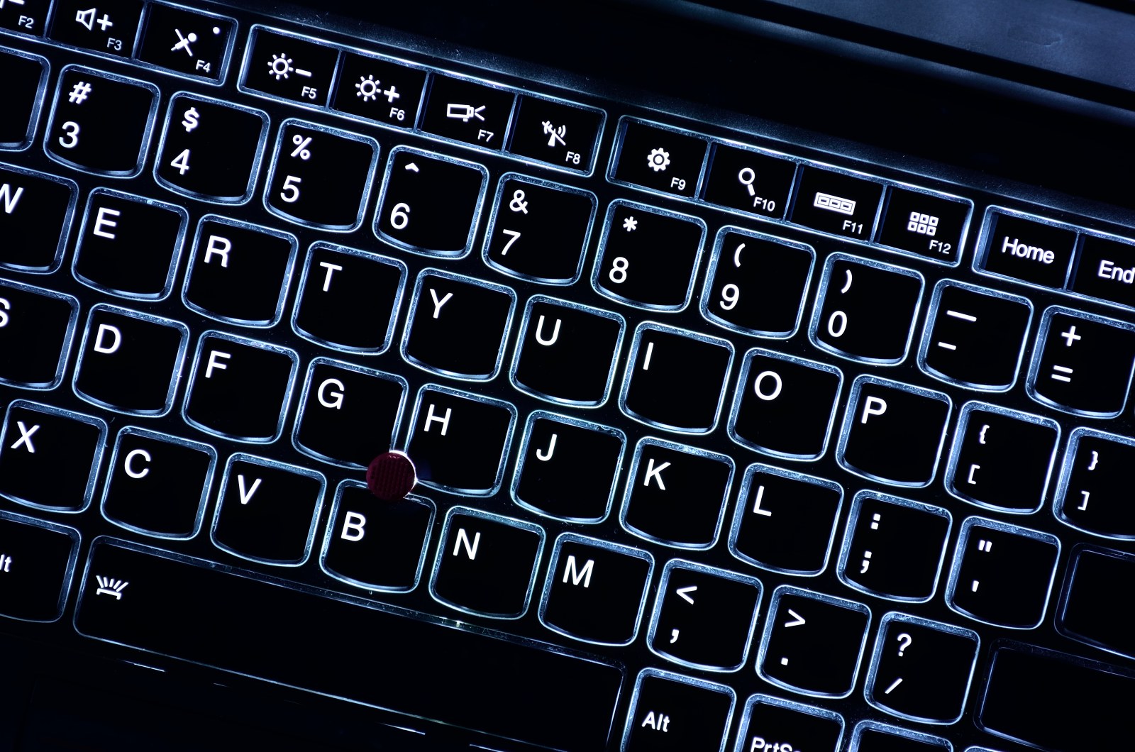 Close-up of a backlit ThinkPad keyboard with sun-minus on F5 and sun-plus on F6.