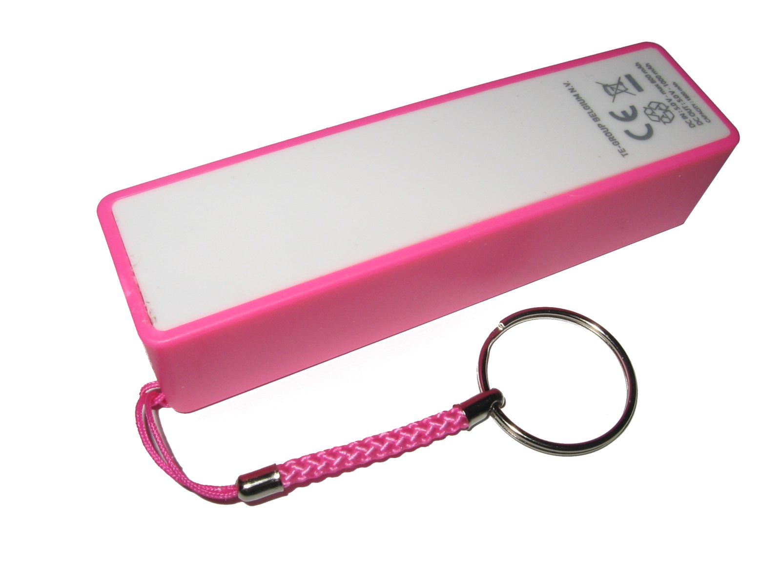 Pink rectangular power bank with small capacity and DC input/output print near one end of its underside and a key-ring strap.